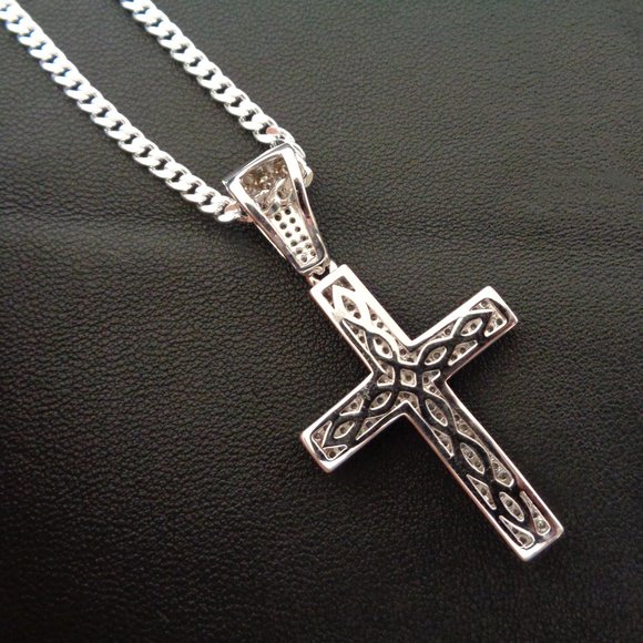 925 Sterling Silver Cross Pendant Necklace, Diamond Simulant Pave Cross Pendant - Picture 5 of 8